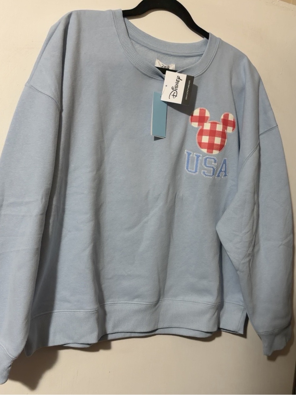 Disney Light Blue Crewneck Sweatshirt with Red Gingham Mickey & USA